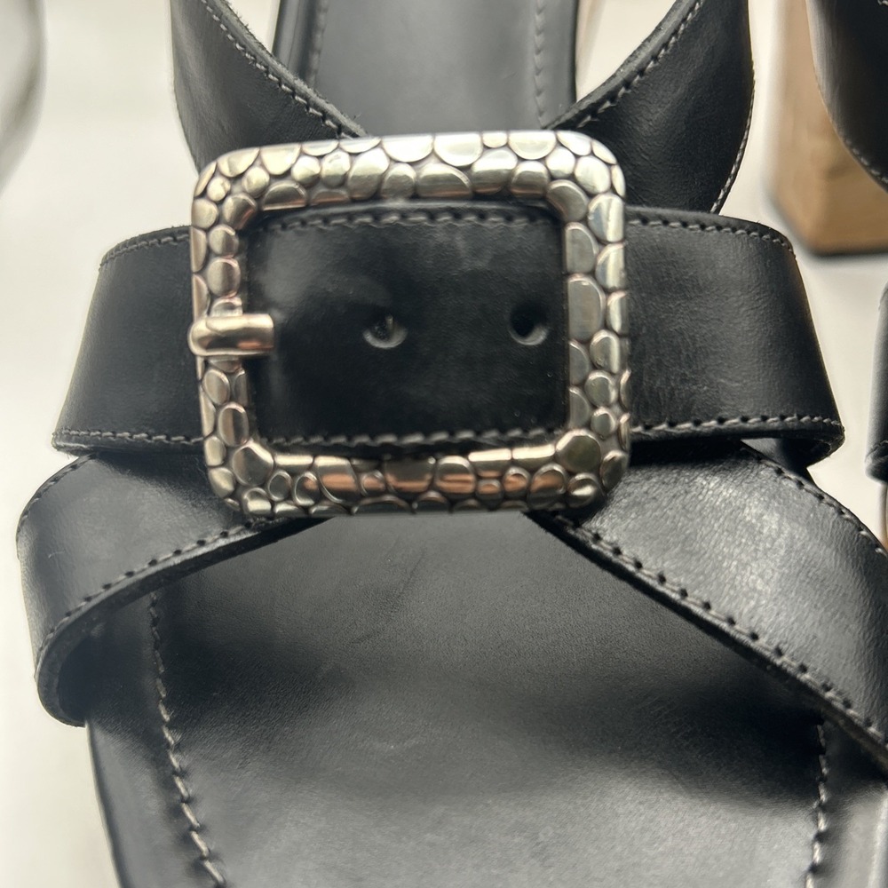 Brighton Black Leather Cork Wedge Sandals Silver Buckle Heels Size 8.5M Brazil - Picture 5 of 8